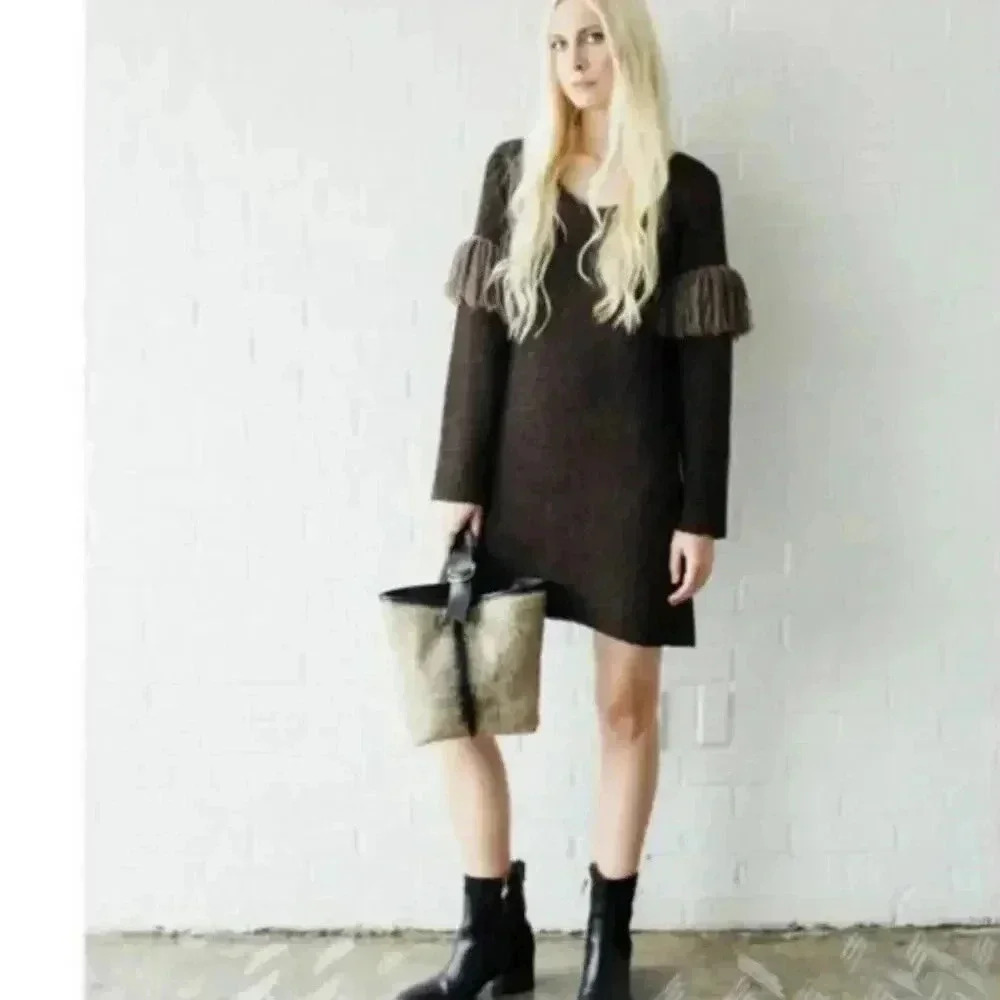 NWT Raven + Lily Brown Handmade Knit Fringe Sleeve Sweater Dress size XS